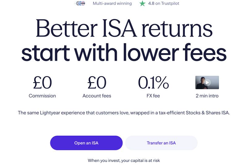 Lightyear UK Stocks and Shares ISA page showing current account and FX fees