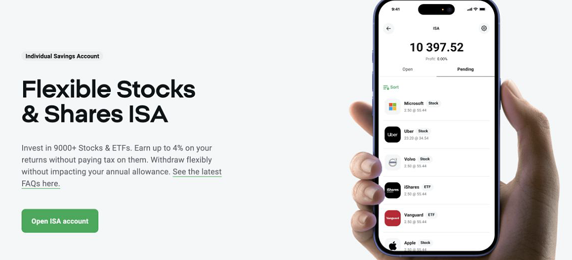 XTB UK Stocks and Shares ISA page with mobile app screen