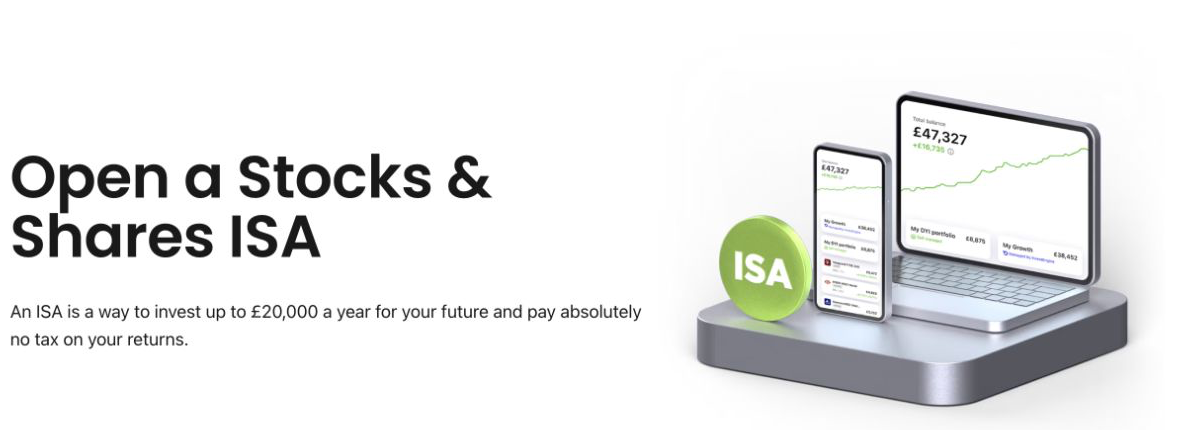 InvestEngine UK Stocks and Shares ISA page showing its ISA investing interface
