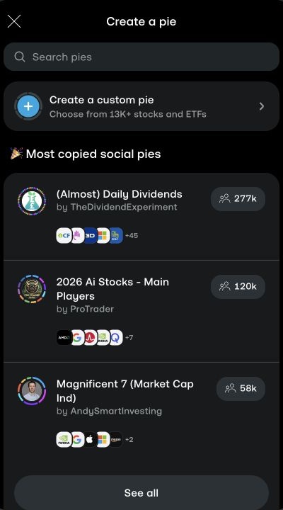Trading 212 Invest account view showing pie creation options, a search field, and public social Pies, with no personal account data visible.