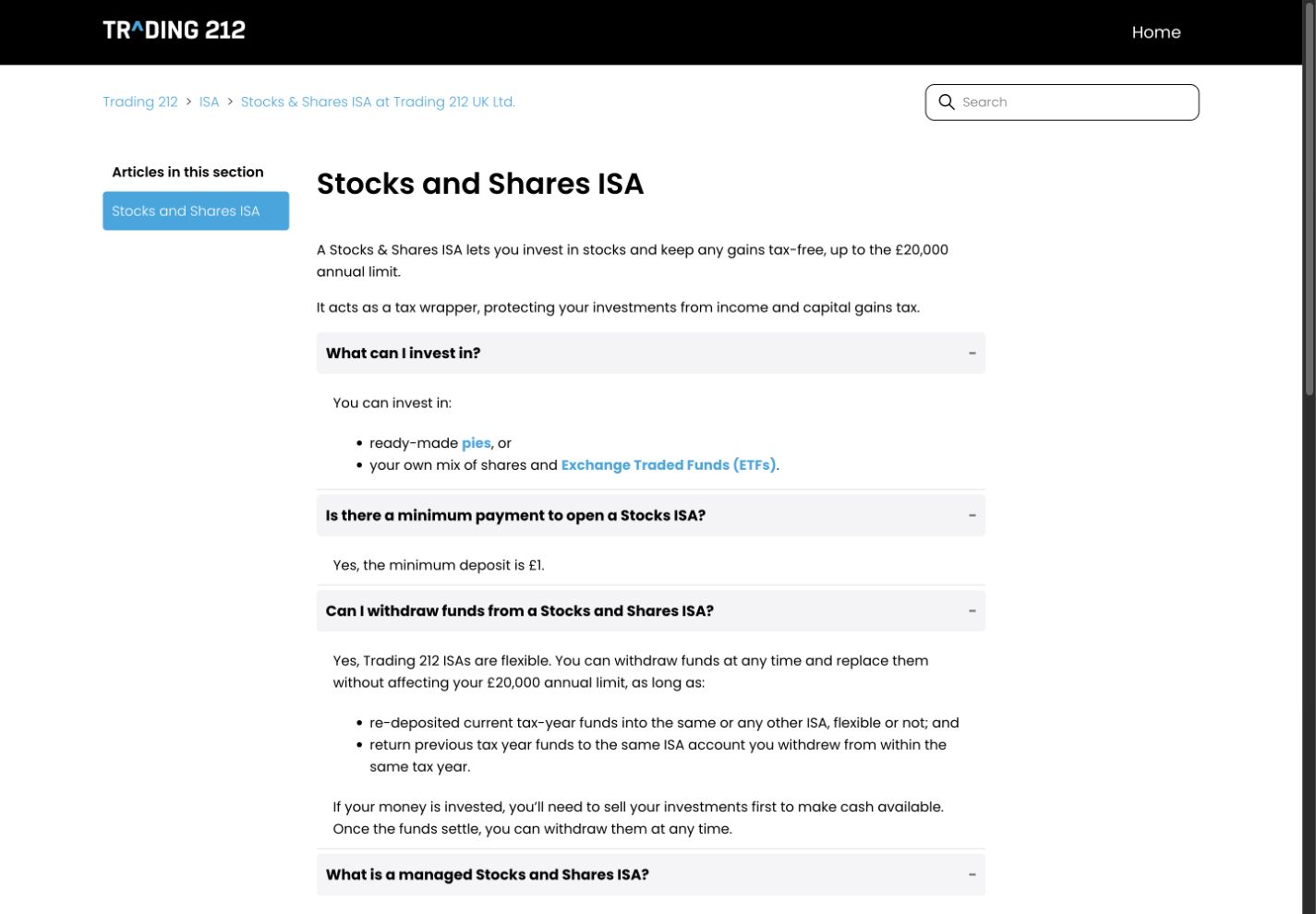 Trading 212 help page on the Stocks ISA: shares, ETFs, ready-made Pies, GBP 1 minimum, flexible withdrawals, not a managed portfolio.
