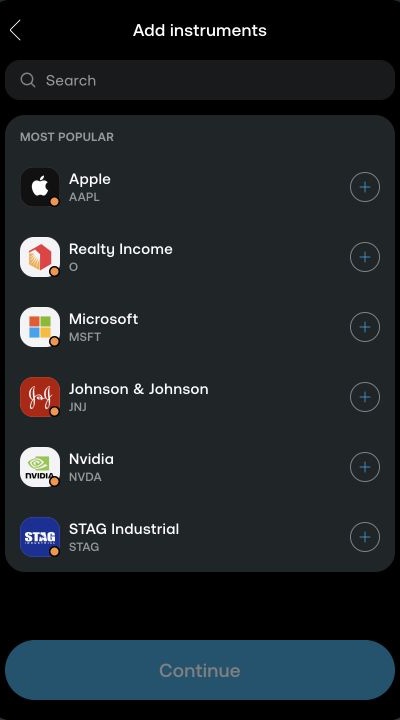 Trading 212 Invest account with the blank Add instruments step: search field, popular stock examples, plus buttons, and a disabled Continue button.