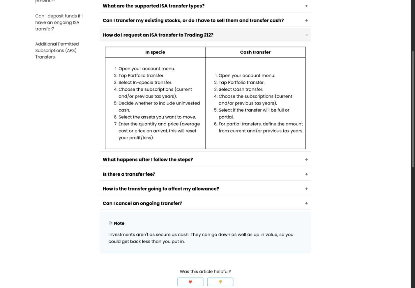 Trading 212 help page comparing in-specie and cash ISA transfer routes, covering eligible assets, uninvested cash, and full or partial cash transfers.