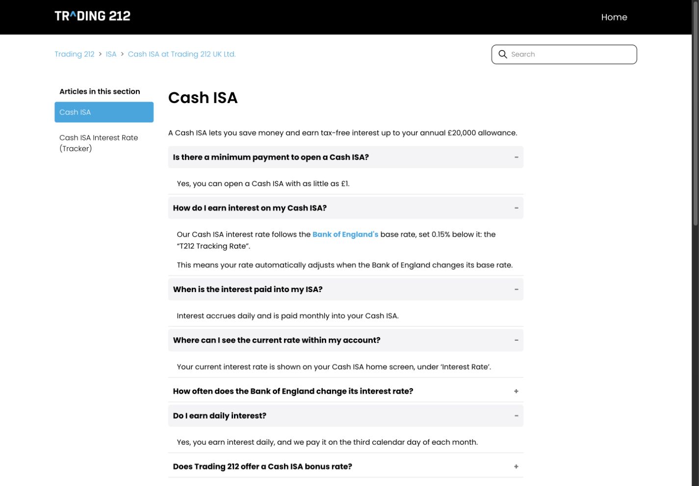 Trading 212 help page: Cash ISA with GBP 1 minimum, 3.60% AER variable rate, Bank Rate minus 0.15 points, daily accrual, monthly payments.