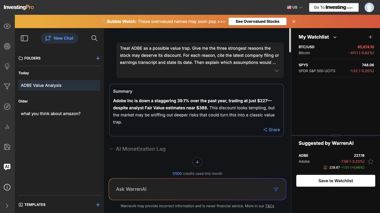 WarrenAI showing the Adobe value-trap prompt and the opening summary of its response.