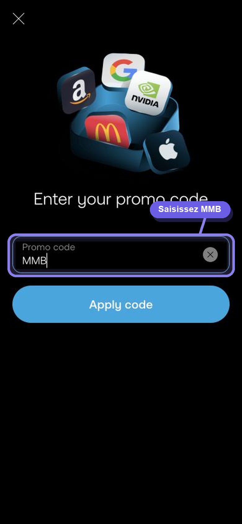 Écran mobile Trading 212 avec le code promo MMB saisi dans le champ