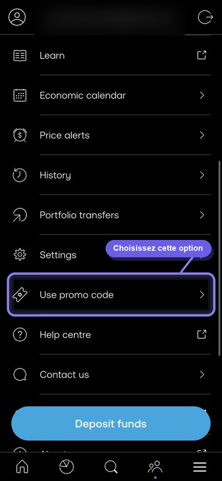 Menu mobile Trading 212 avec l'option de saisie du code promotionnel mise en évidence