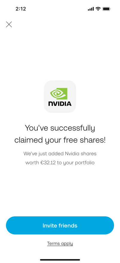 Trading 212 confirmation screen showing a free fractional share reward