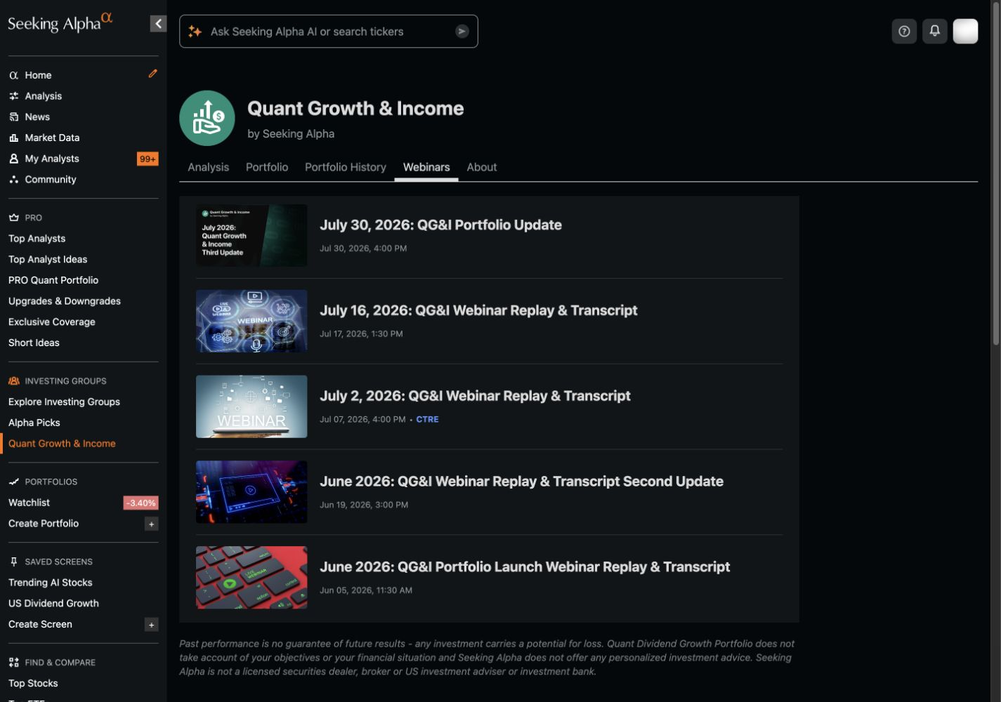 Seeking Alpha QGI webinars and portfolio update archive