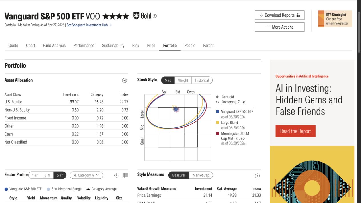 Morningstar VOO portfolio research showing allocation and whole-portfolio analysis tools