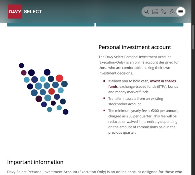 Davy Select Personal Investment Account showing the yearly minimum fee