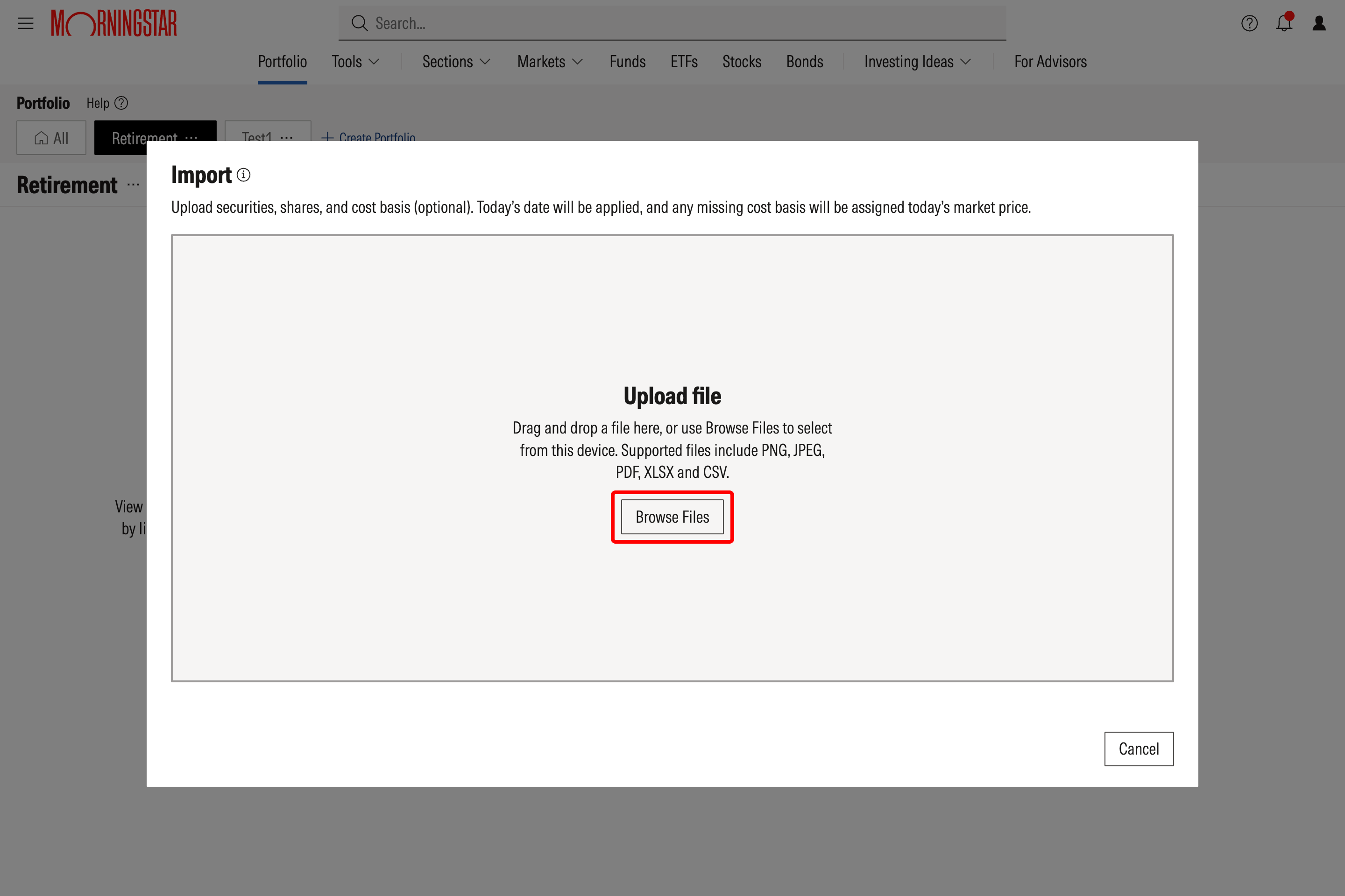 Morningstar Investor Import Holdings upload dialog showing supported portfolio file types