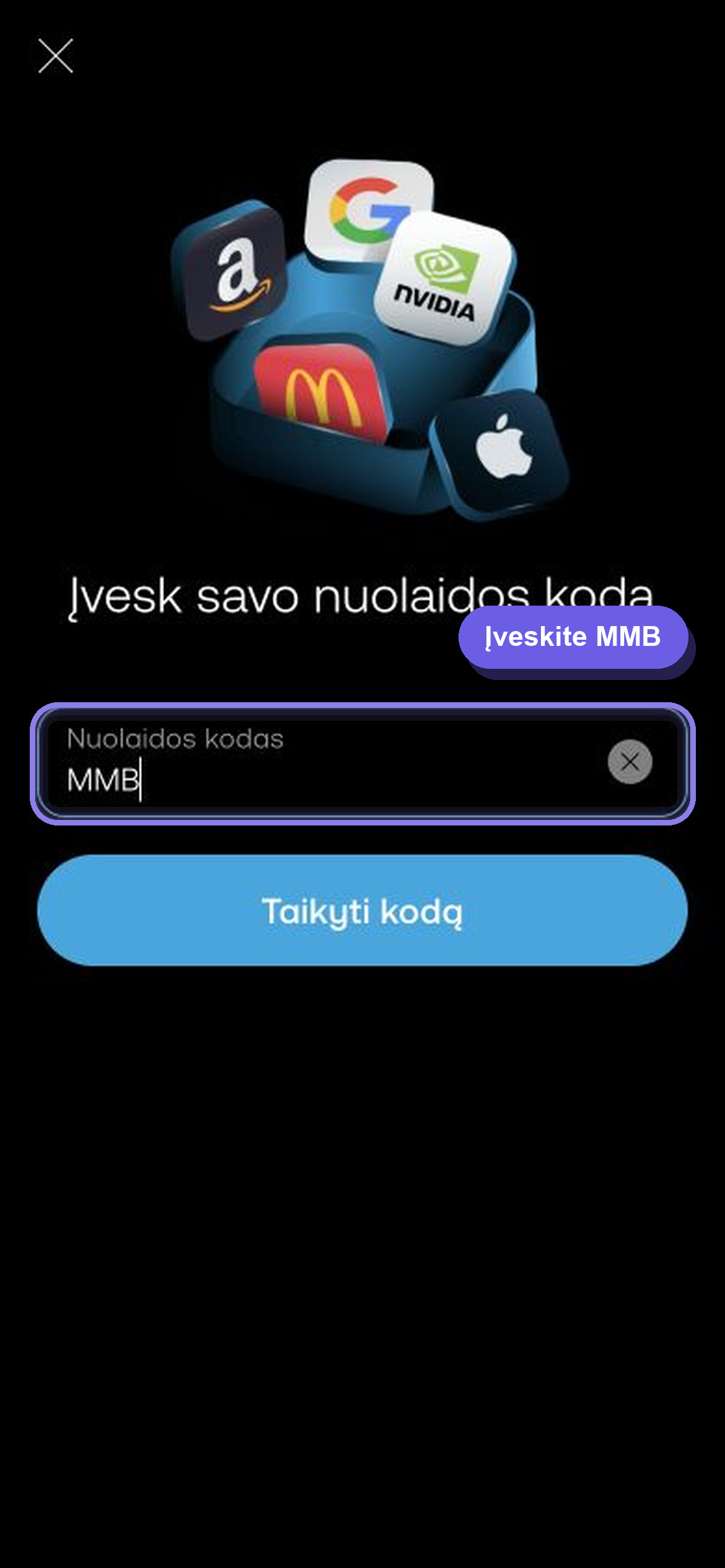 Trading 212 kodo įvedimo forma lietuvių kalba su įrašytu MMB kodu