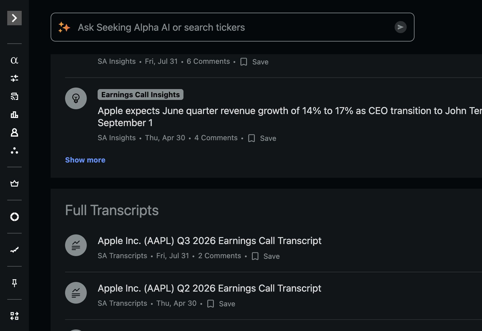 Seeking Alpha Apple transcripts page showing the complete earnings-call and event transcript research workspace