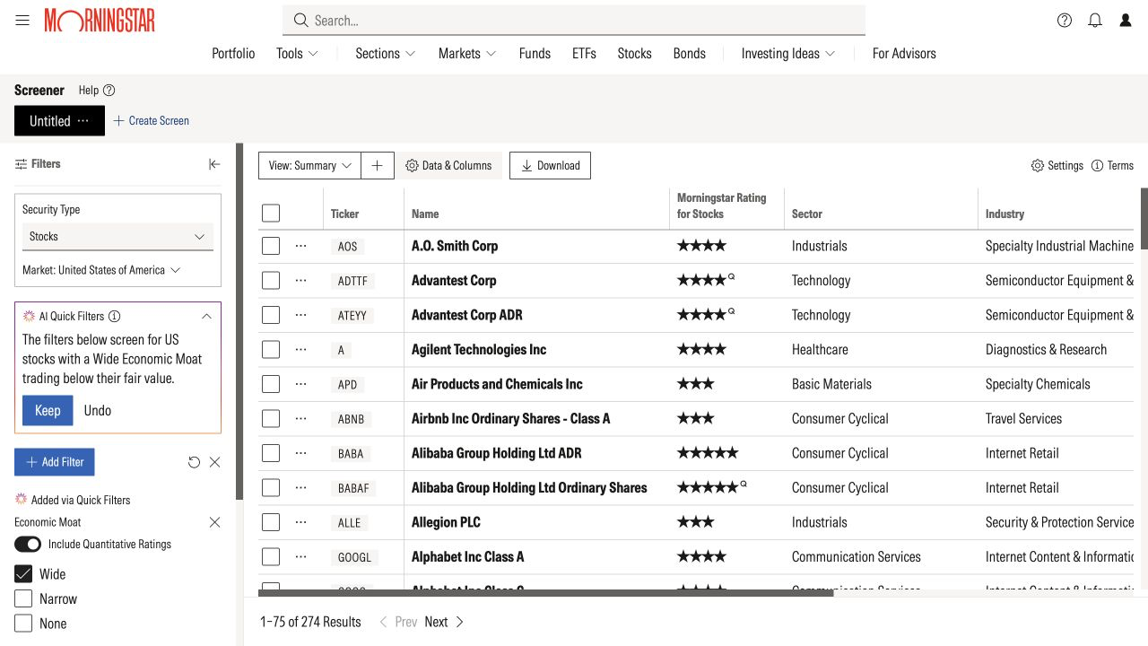 Morningstar stock screener showing AI Quick Filters, Wide Economic Moat and Price versus Fair Value criteria