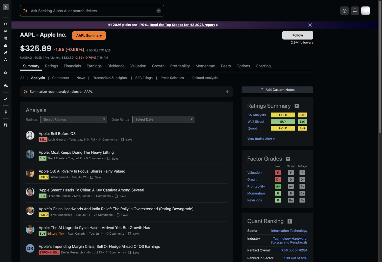 Seeking Alpha analysis page showing contributor articles with different ratings and viewpoints