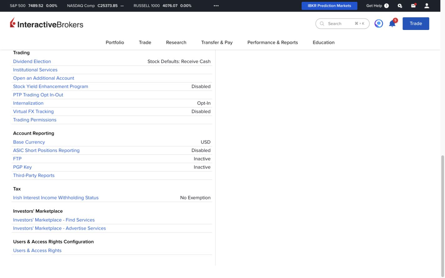 Ireland-specific withholding setting in a UAE-resident Interactive Brokers account with private details redacted