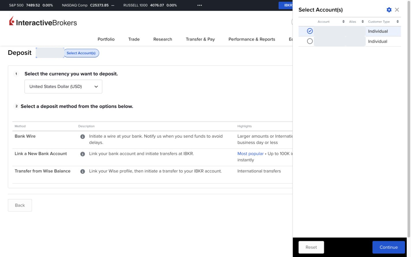 Two linked Interactive Brokers Individual accounts accessible under one login with account identifiers redacted