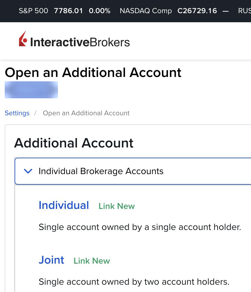 Interactive Brokers Client Portal showing Individual and Joint additional account choices, with the account identifier blurred