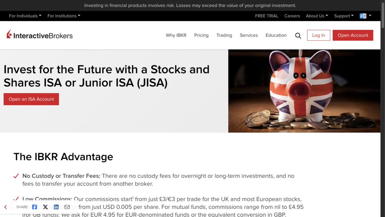 Interactive Brokers UK page for Stocks and Shares ISA and Junior ISA accounts
