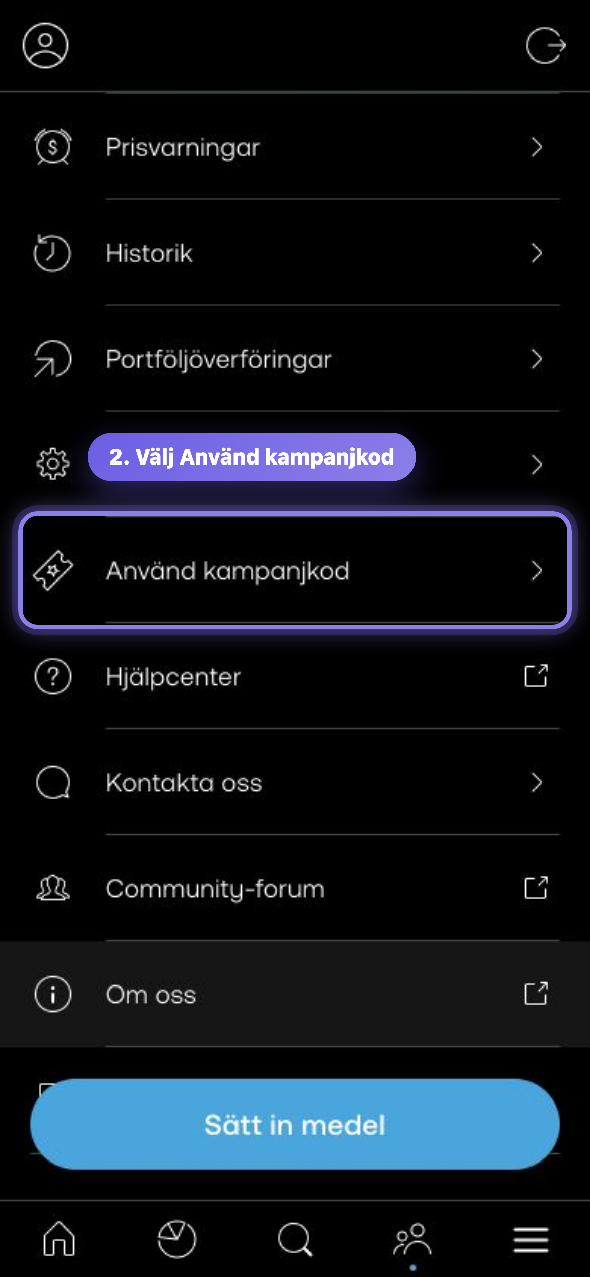 Trading 212-appens svenska meny med alternativet Använd kampanjkod markerat