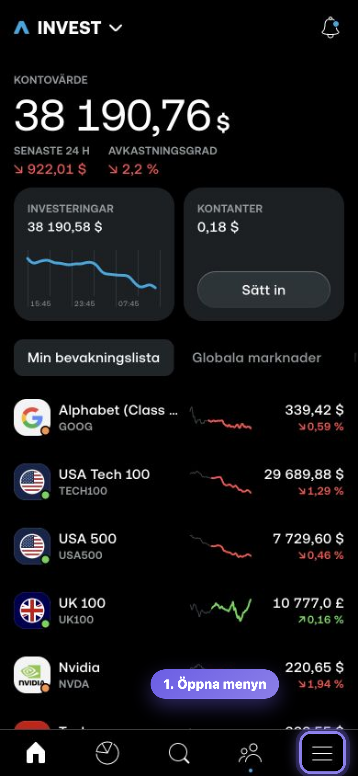 Trading 212-appens svenska Invest-vy med menyknappen markerad