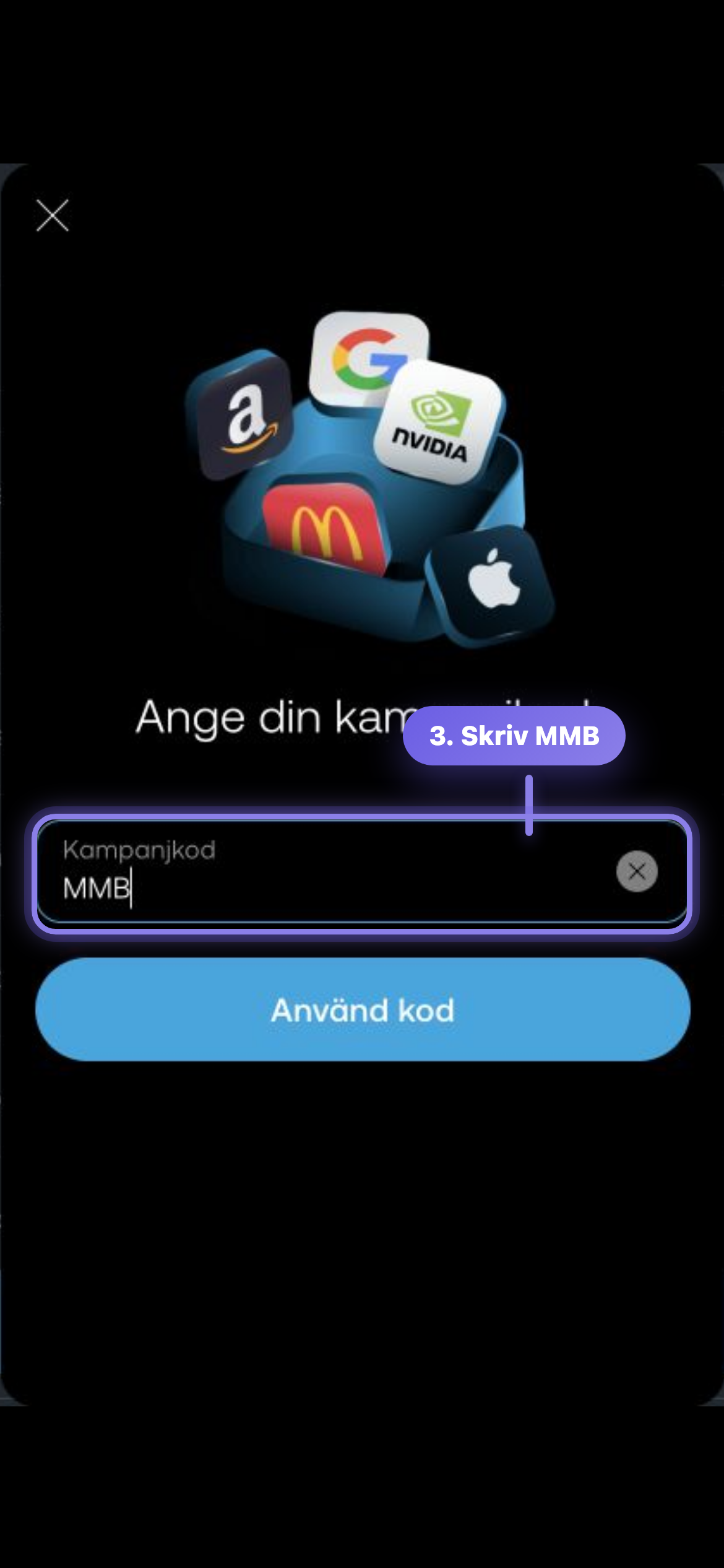 Trading 212-appens svenska kampanjkodsfält med den sponsrade koden MMB inskriven
