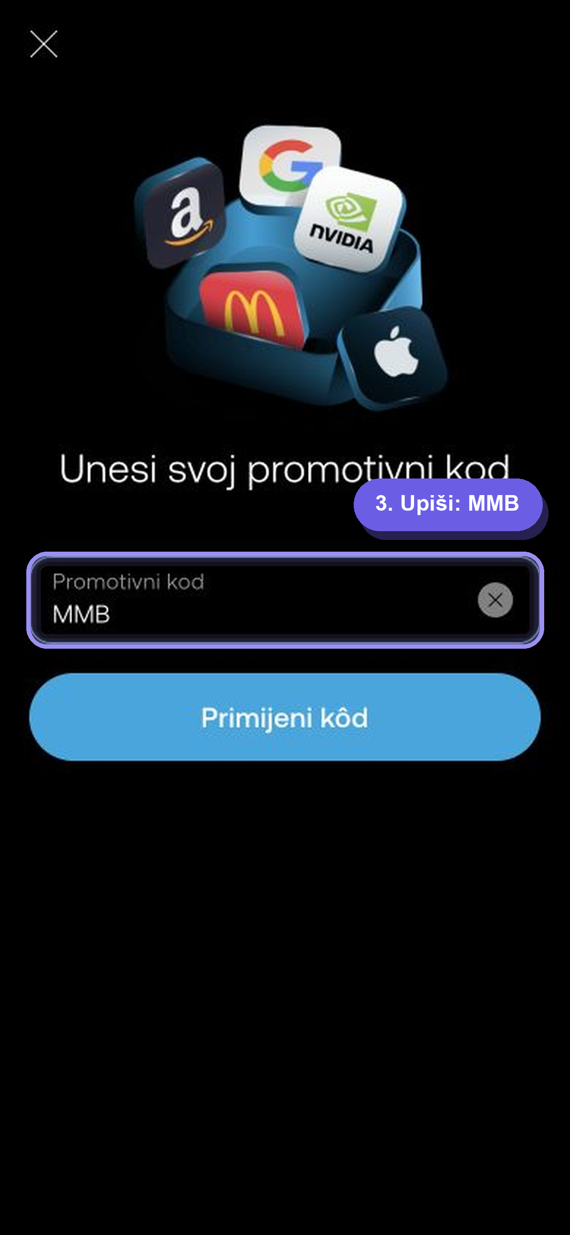 Polje za promotivni kod u hrvatskoj aplikaciji Trading 212 s unesenim kodom MMB