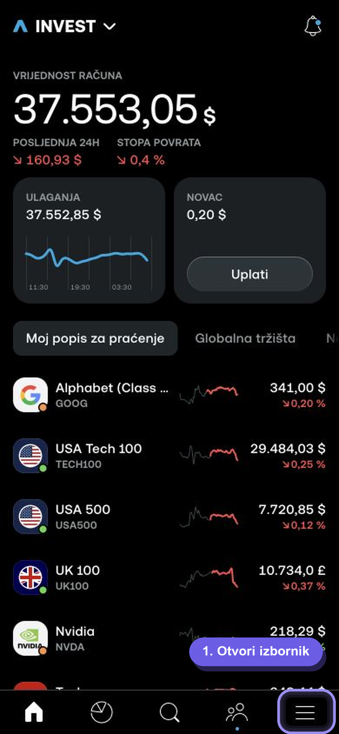 Glavni zaslon hrvatske aplikacije Trading 212 s označenim gumbom izbornika