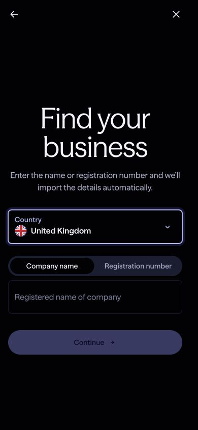 Genuine mobile view of Lightyear's Find your business screen with United Kingdom selected