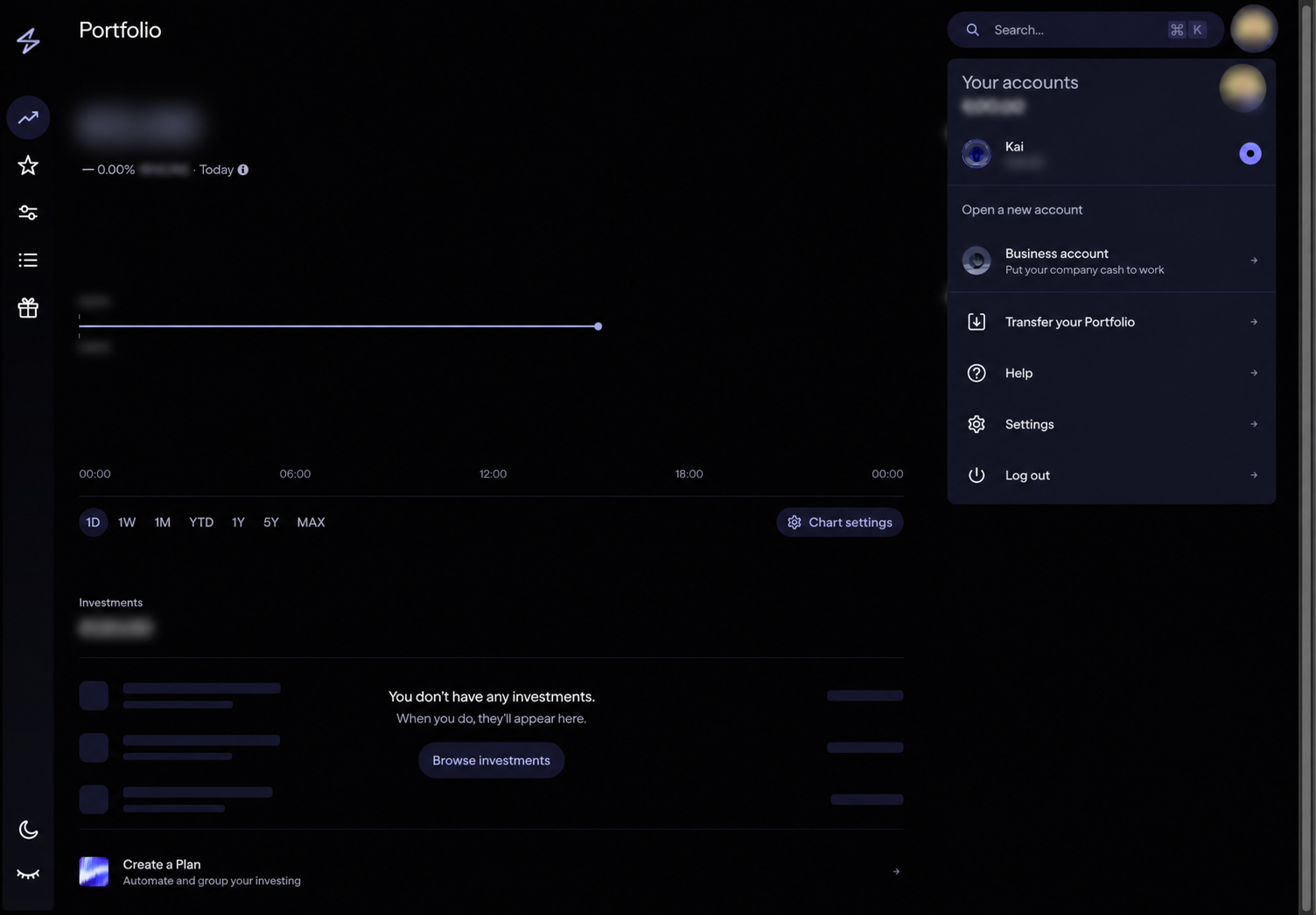 Privacy-redacted full desktop view of the Lightyear account menu showing Business account under Open a new account in dark mode