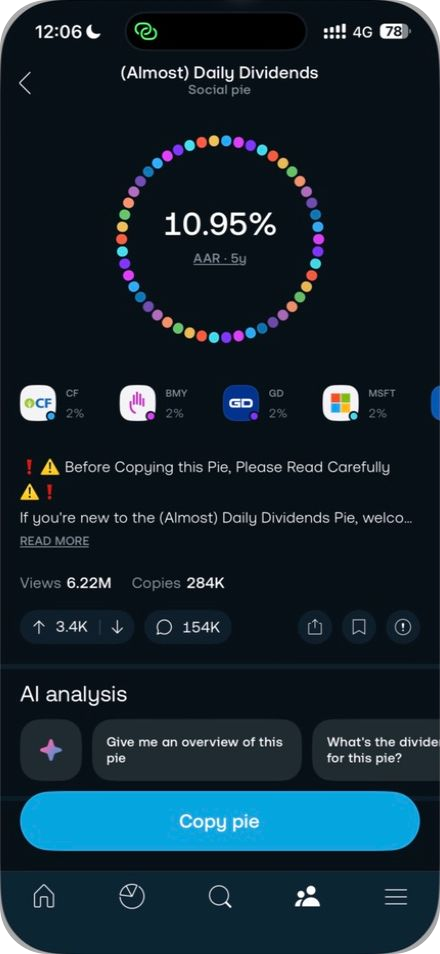 Trading 212 iPhone app showing a public Social Pie, holdings, community activity and Copy pie button