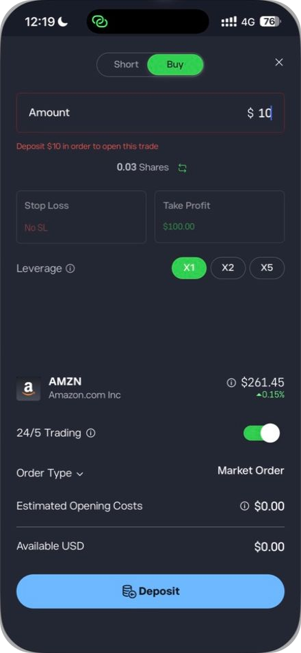 eToro iPhone app showing an unsubmitted Amazon buy ticket