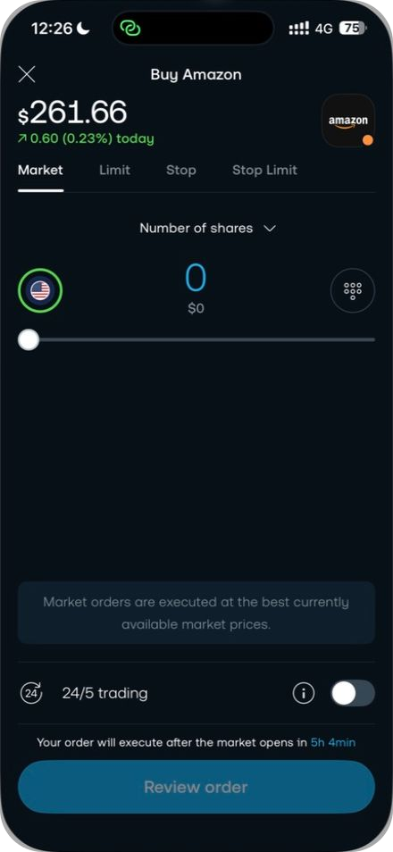 Trading 212 iPhone app showing an unsubmitted Amazon market-order ticket with zero shares