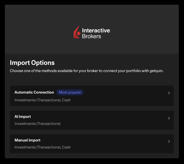 getquin Interactive Brokers import screen with automatic, AI and manual connection methods