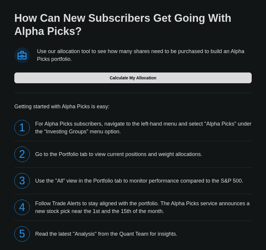 Seeking Alpha Alpha Picks About page section How Can New Subscribers Get Going With Alpha Picks, with the Calculate My Allocation button that opens the Allocation Tool