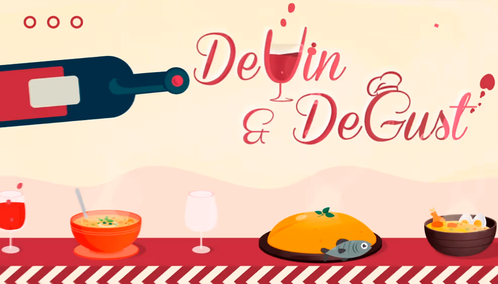 Devin DeGouste ține un pahar de vin în mână în timpul unei degustări în fața unui fundal rural.