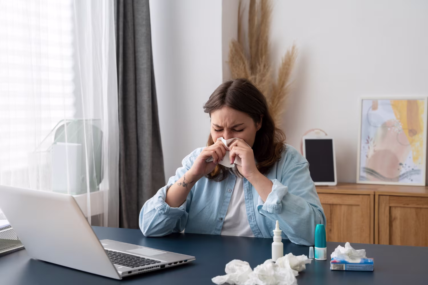 Woman suffering from allergies side view