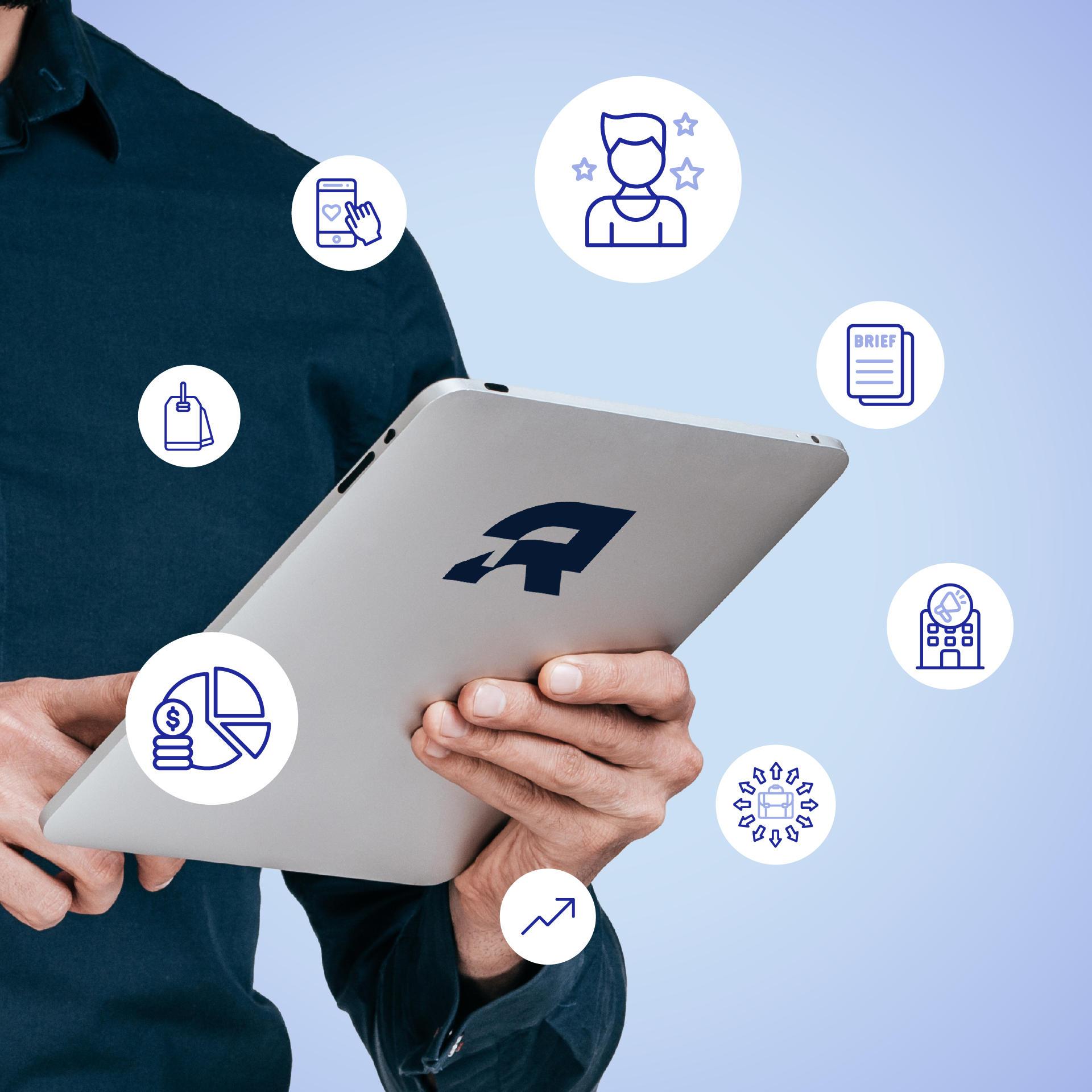 Person holding a tablet with floating icons around representing social media, user profile, brief document, marketing agency, business expansion, financial pie chart, and price tag.