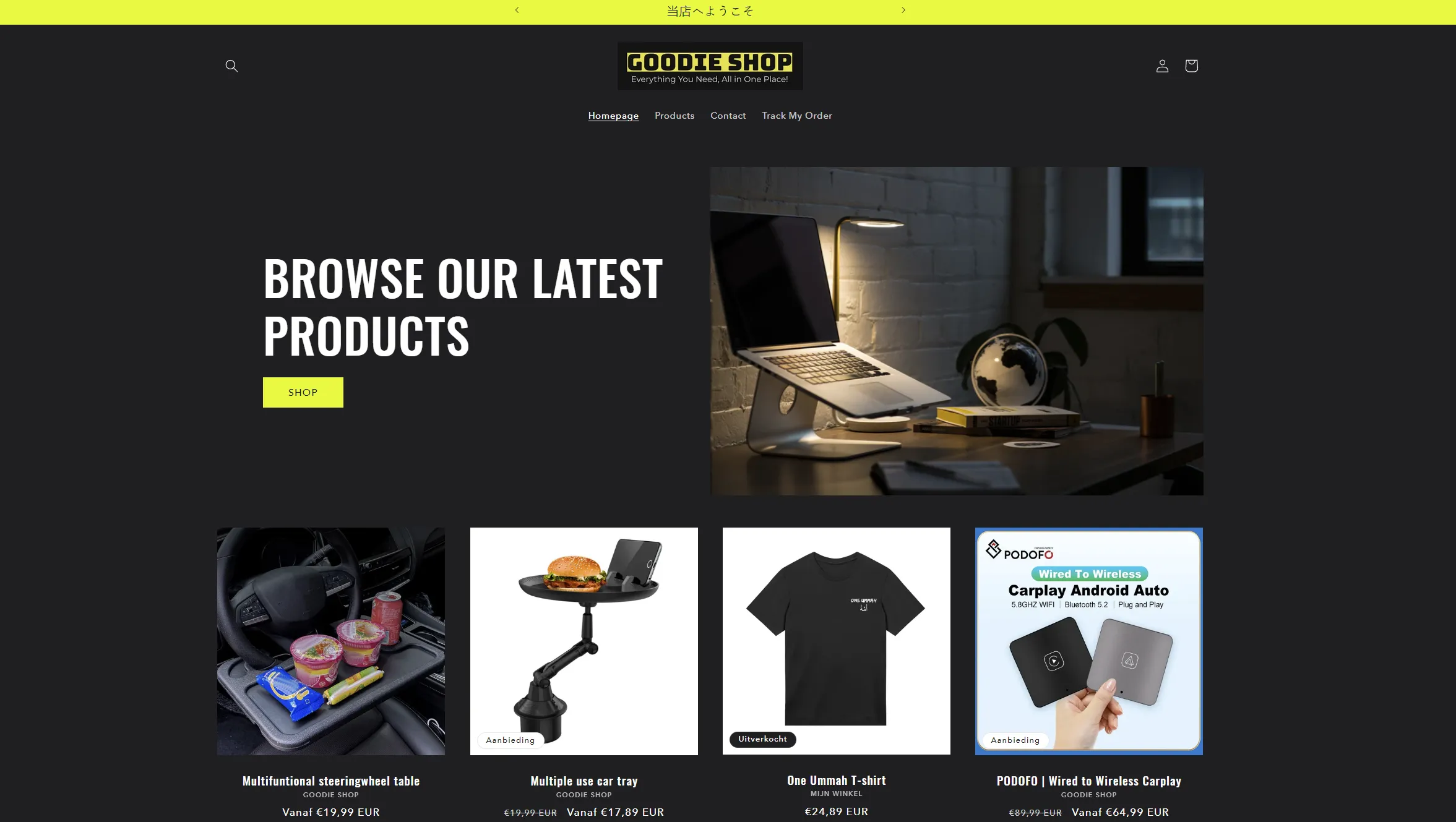 Homepage van de webshop GoodieShop