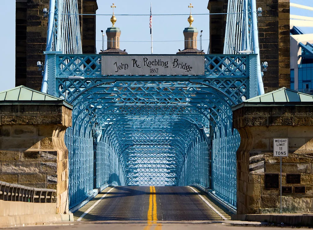 View of the John A Roebling Bridge in Cincinnati, Ohio