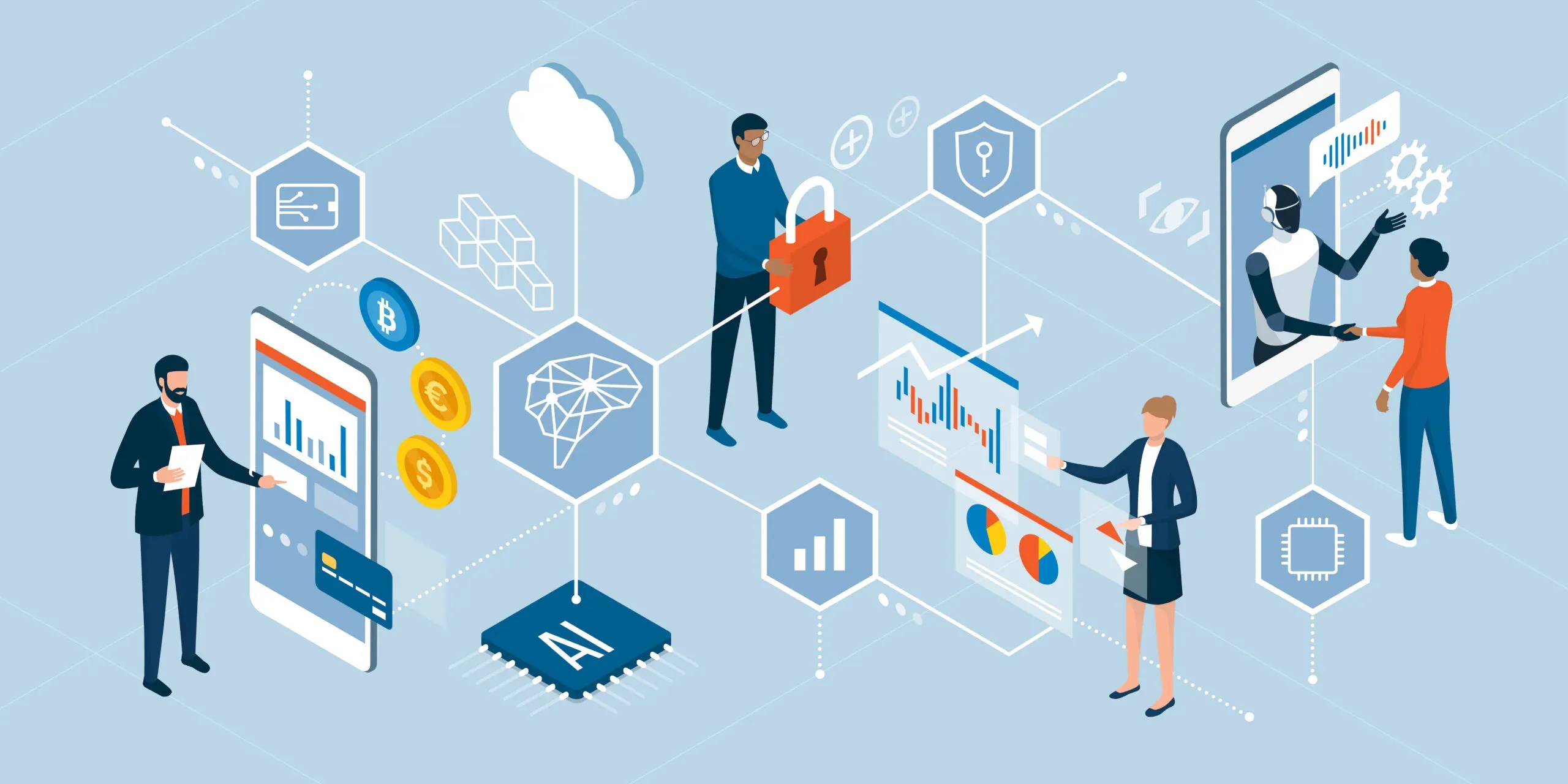 Image illustrating innovative technologies and finance trends: business people interacting with digital interfaces, charts.|