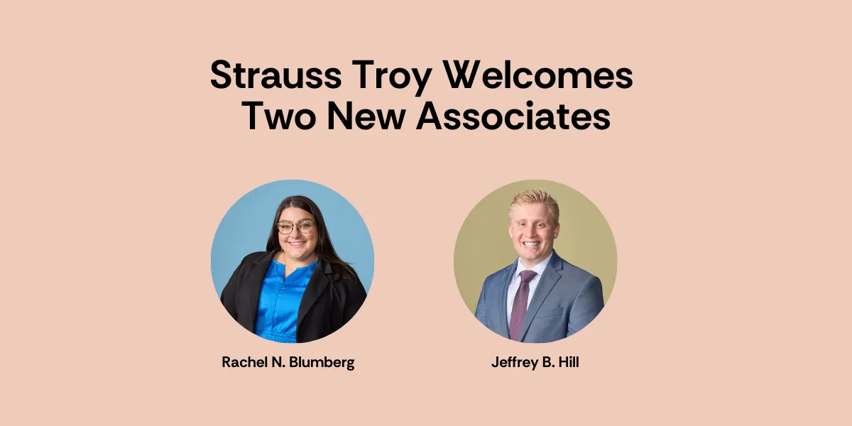 This is a banner image welcoming Rachel Blumberg and Jeff Hill to our firm as associate attorneys.
