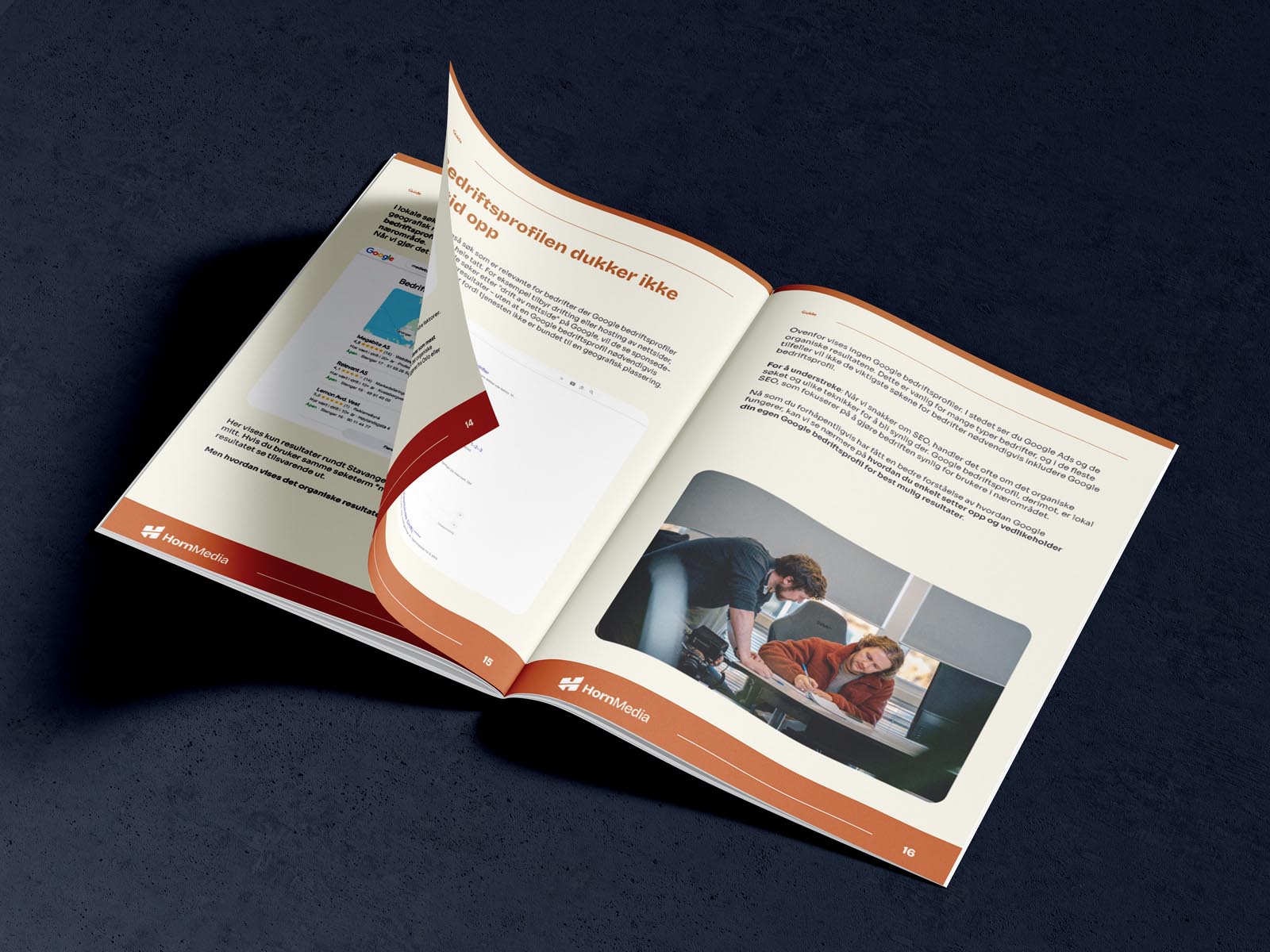 Et mockup-bilde av google business guiden til horn media i form av et åpent magasin.