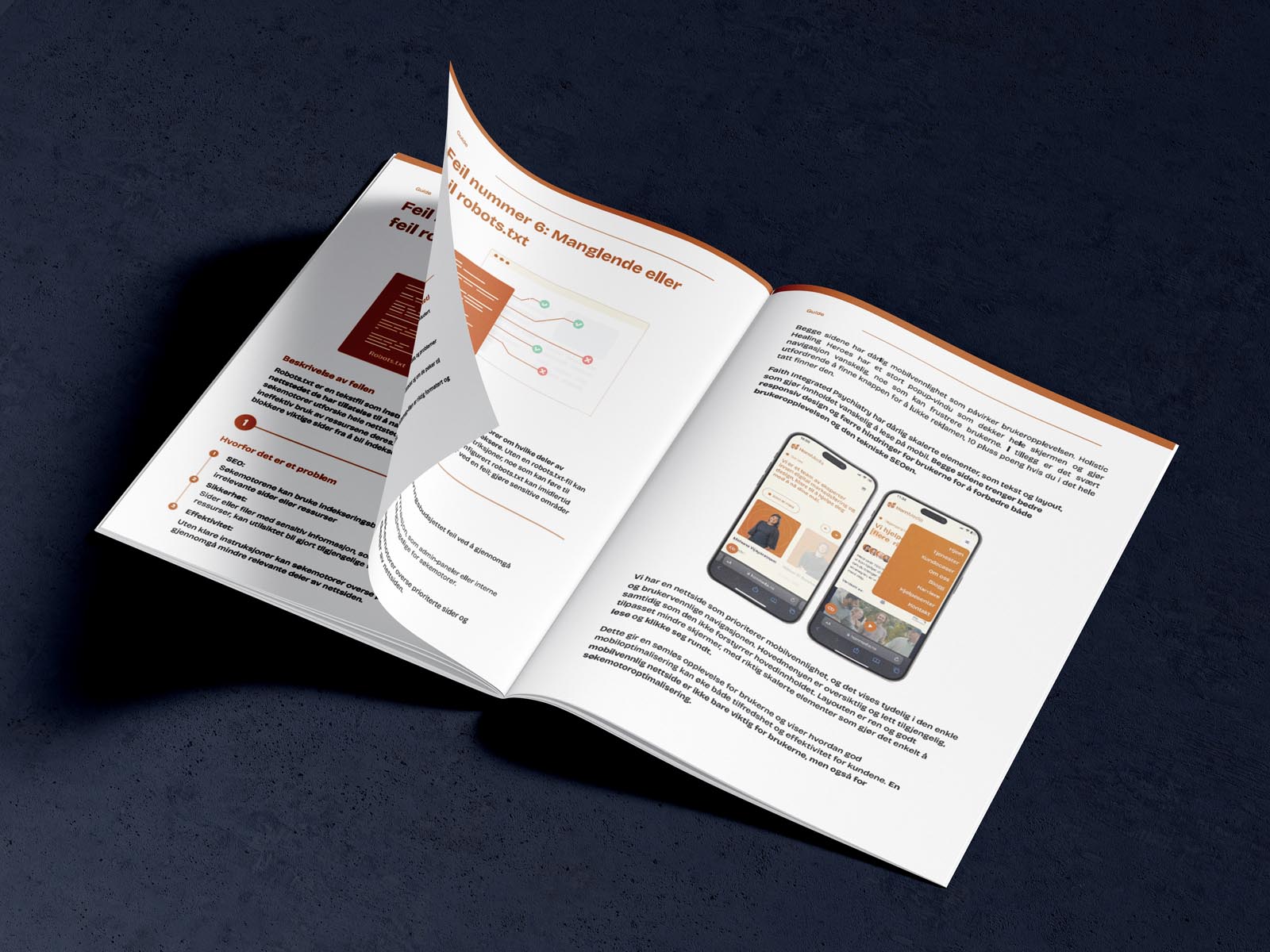 Et mockup-bilde av teknisk SEO guiden til horn media i form av et åpent magasin.