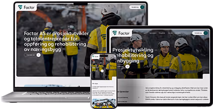Mockupbilde av nettsiden factor.no på tre flater; laptop, nettbrett og mobil.