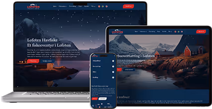 Mockupbilde av nettsiden lofotenfiske.com på tre flater; laptop, nettbrett og mobil.