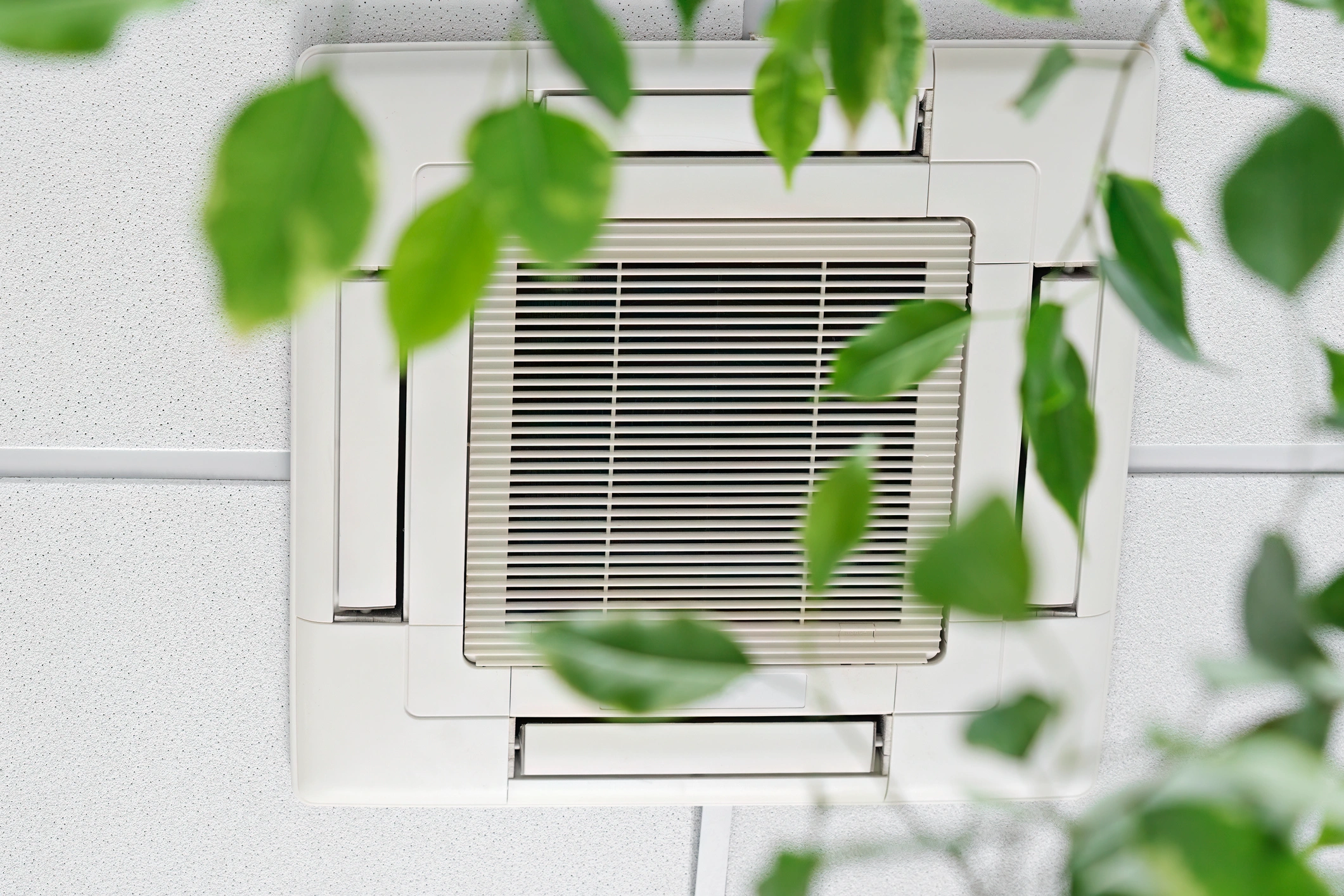 Ceiling-mounted air conditioning vent surrounded by green leaves, creating a fresh and natural ambiance.