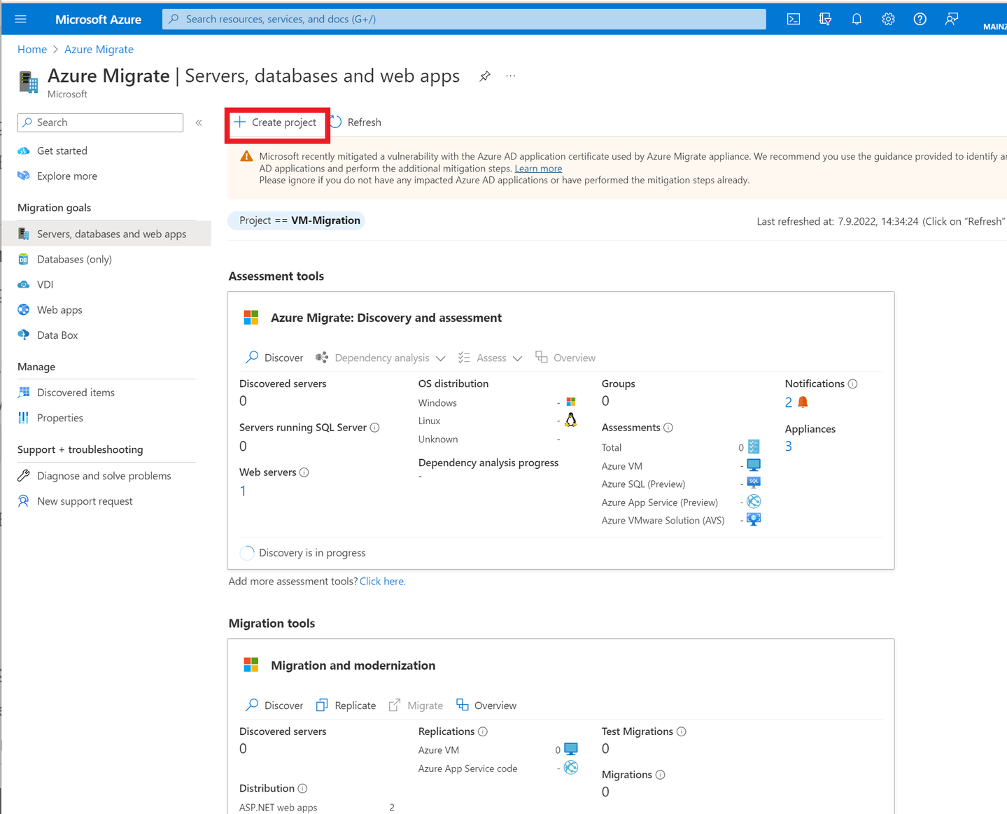 Schritt 1: Anlegen eines neuen Projektes im Migrations-Wizard über “+ Create project”