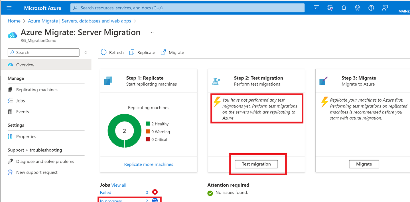 Überblickfenster, es wurde noch keine Testmigration durchgeführt